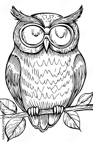 An owl is depicted in a stylized black and white silhouette with decorative patterns and large eyes