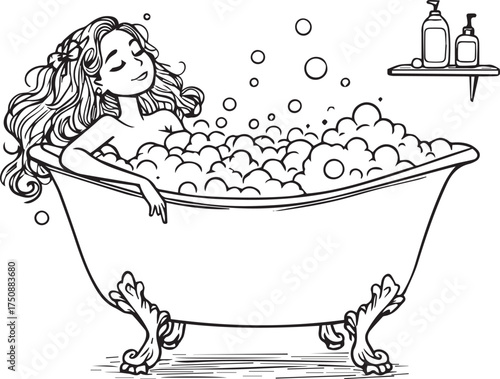 Black and white vector illustration of person relaxing in clawfoot bathtub with bubbles and flower-adorned hair
