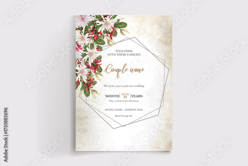 WEDDING INVITATION FRAME WITH FLOWER DECORATIONS AND FRESH LEAVES
