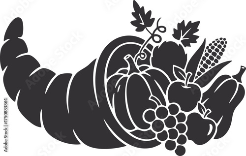 Cornucopia overflowing with autumn harvest on a white background