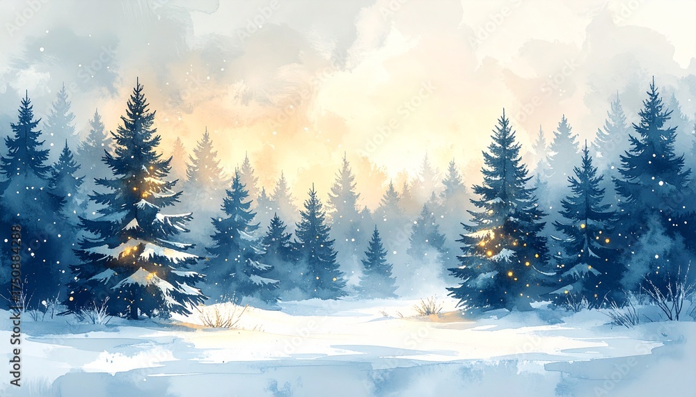Fototapeta premium Sanfte Aquarell-Tannenbäume, die leicht mit Schnee bedeckt sind