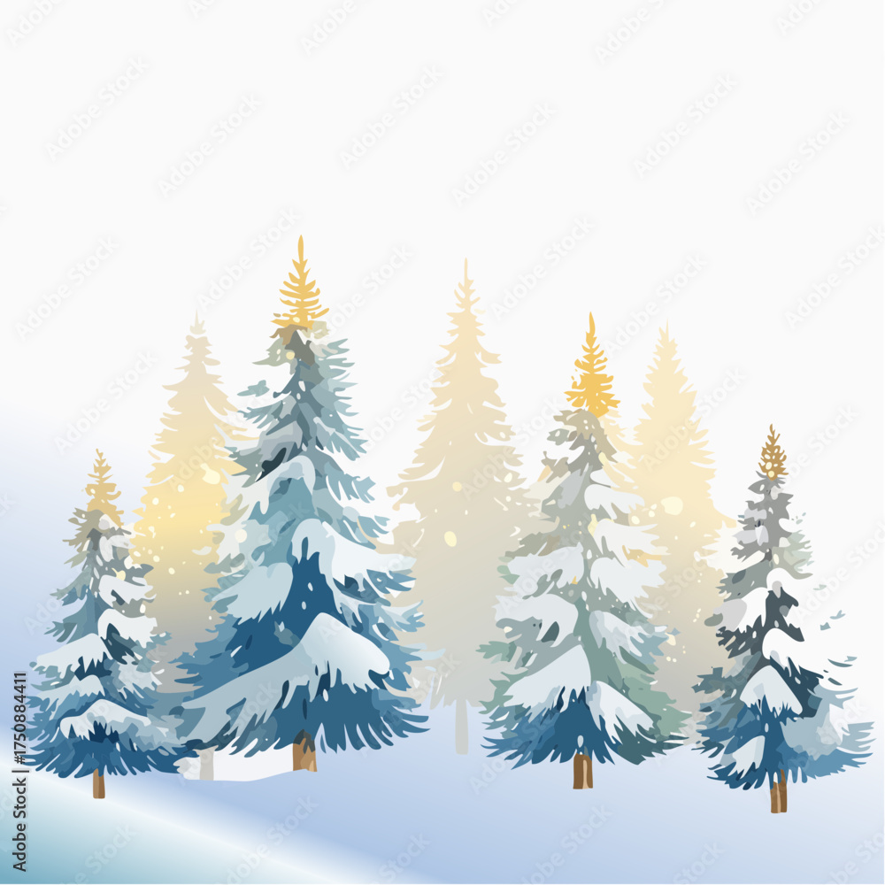 Obraz premium Sanfte Aquarell-Tannenbäume, die leicht mit Schnee bedeckt sind