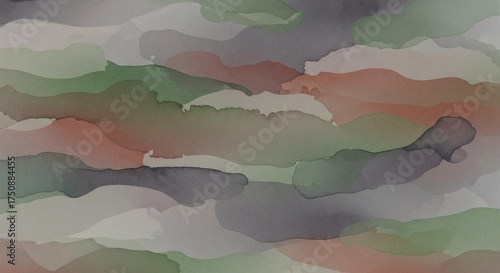 Abstract watercolor pattern featuring flowing colors in green, red, and gray tones with soft transitions