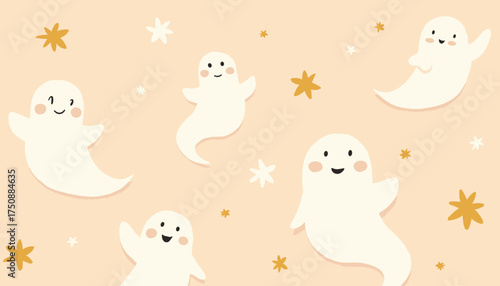 A background of cute ghosts with smiling faces and playful stars in a whimsical style
