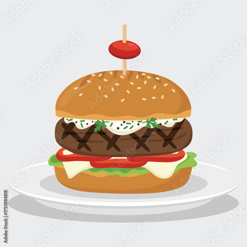 flat color of Grilled Portobello Mushroom burger with sesame bun, creamy sauce, melted cheese, Vegetarian food