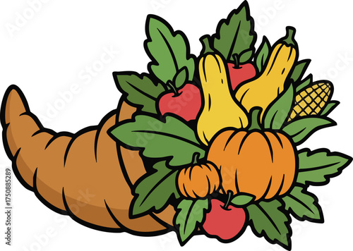 Cornucopia overflowing with autumn harvest on a white background