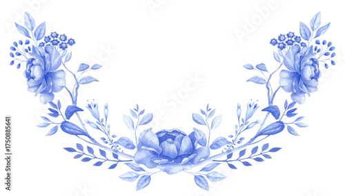 Fotografie Chinoiserie border, watercolor blue flower frame, porcelain flower