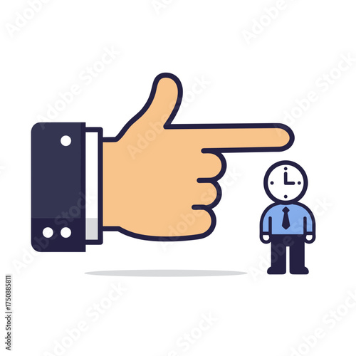 Big pointing hand and small clock man cartoon