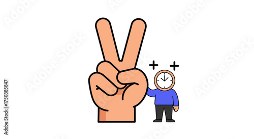 Hand showing peace sign with blue shirt clock mascot
