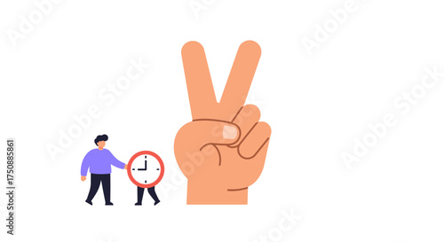 Peace gesture and walking clock cartoon
