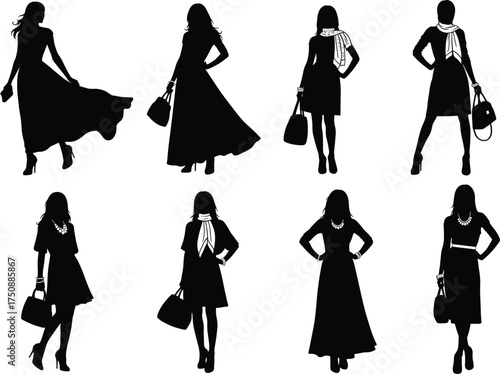 Fashionable women silhouette, stylish dress poses, elegant female figures, trendy accessories, high heels, scarf, handbag, chic outfit, runway style, glamour