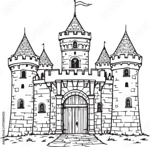 Black and white vector illustration of medieval castle with five towers, battlements, and arched gate