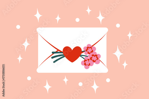Love letter coquette style vector illustration. Hand drawn girly envelope with flowers. Valentine design element.