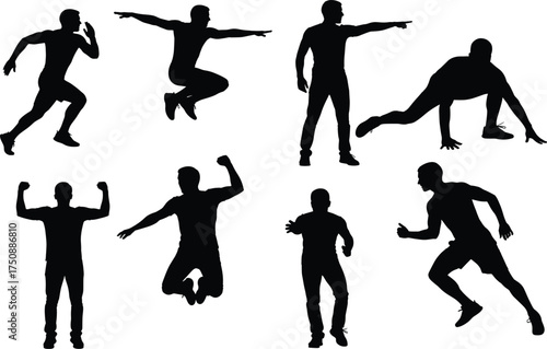Silhouette, running, jumping, pointing, crouching, flexing, athletic, motion, pose, action, fitness, sport, energy, dynamic, human, movement, expressive, black, white, vector
