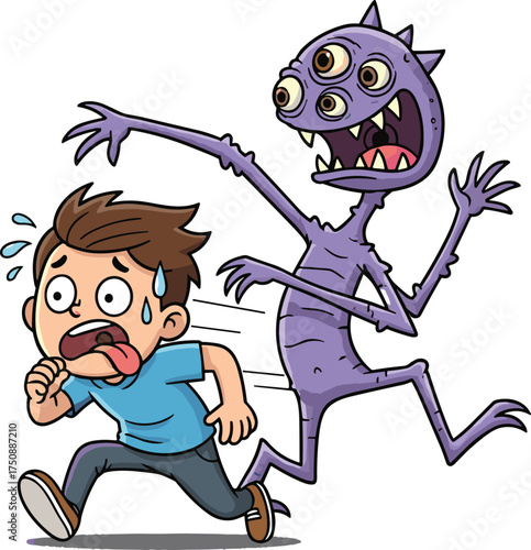 Cartoon boy running from purple monster, humorous fear reaction, fantasy chase scene, expressive character design, white background illustration, storytelling concept