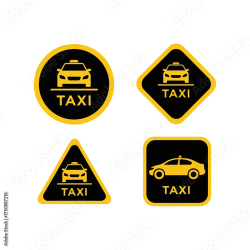 Taxi signs in various shapes and designs, yellow and black color scheme.