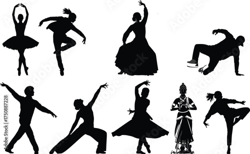 Silhouettes of dancers in various poses, ballet, breakdance, contemporary, Indian classical, martial arts fusion, cultural diversity, expressive movement, choreography