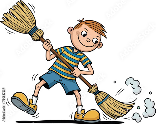 Cartoon boy sweeping, cheerful child cleaning, indoor chore, dust clouds, playful responsibility, vector illustration, household activity, striped shirt, dynamic motion