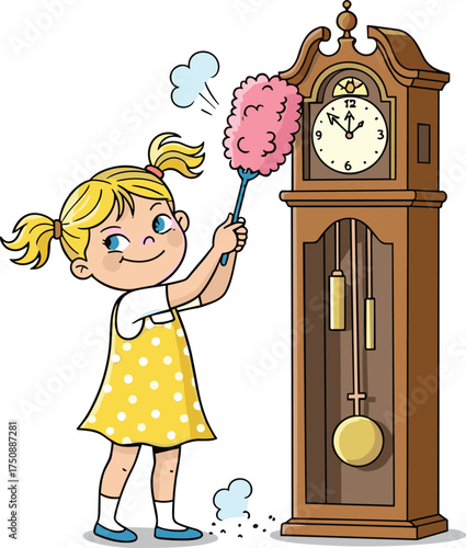 Cartoon child cleaning, dusting grandfather clock, smiling girl, feather duster, indoor activity, vintage furniture care, playful responsibility, vector illustration, home chore