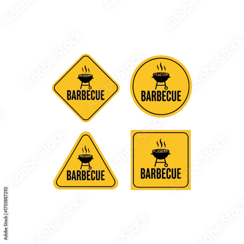 Various barbecue signs in different shapes and sizes, yellow background.