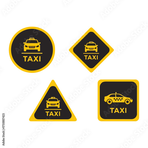 Taxi signs collection various shapes and designs for transportation services.