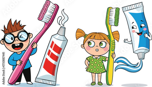 Cartoon children brushing teeth, dental hygiene awareness, smiling toothpaste character, toothbrushes, oral care routine, fun health education, white background illustration