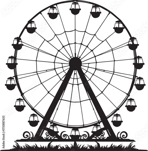 Ferris wheel with gondolas and decorative base, black and white vector illustration for amusement themes