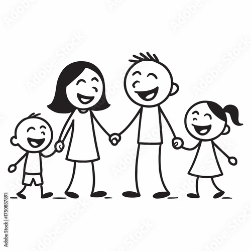 Minimalist stick figure family of four holding hands and laughing together happily