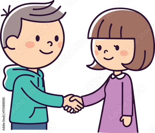 Cartoon people shaking hands, friendly agreement, cooperation, mutual understanding, greeting gesture, business or social interaction, white background illustration