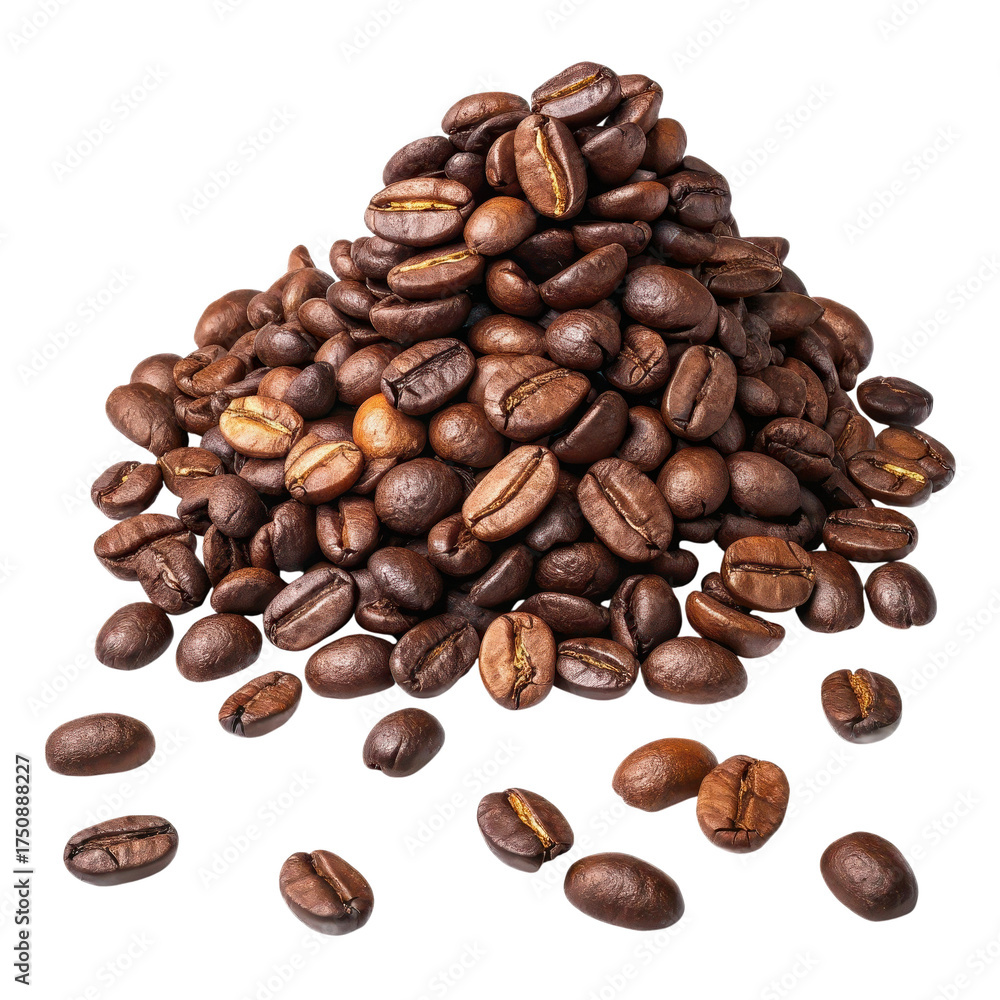 Naklejka premium Pile of roasted coffee beans isolated on transparent background