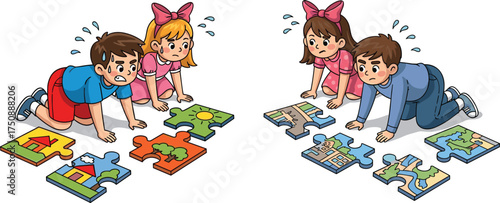 Children assembling puzzles, cartoon teamwork scene, rural and urban contrast, emotional focus, problem solving, indoor activity, vector illustration, learning play