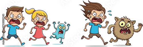 Scared kids running from monster, cartoon style fear reaction, funny chase scene, emotional expression, children fleeing danger, vector art
