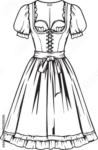 Black and white vector illustration of traditional dirndl dress with puffed sleeves, corset, and ruffled hem