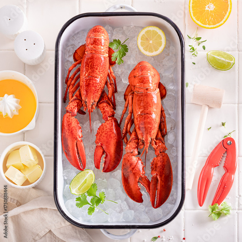 Steamed red lobster with citrus and melted butter.