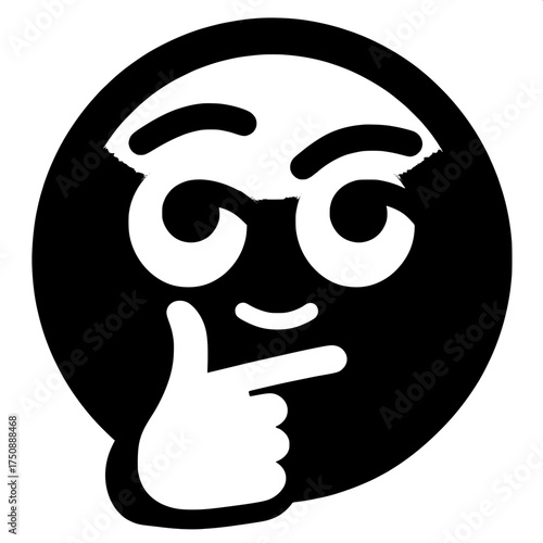 Black and White Vector Silhouette of Thinking Emoji with Hand on Chin
