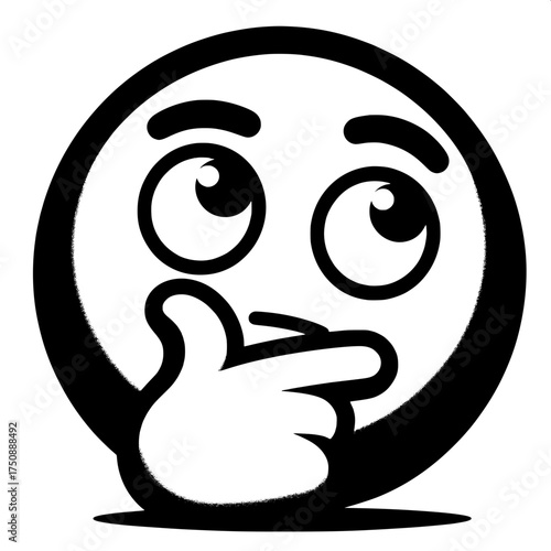 Black and White Vector Silhouette of Thinking Emoji with Hand on Chin