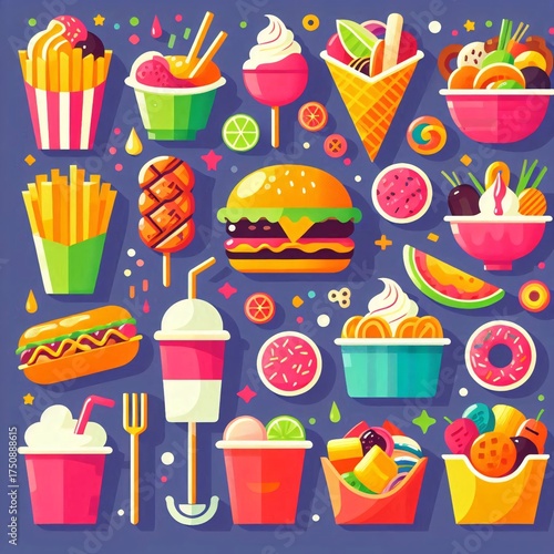 Vibrant Food Items on Blue Background