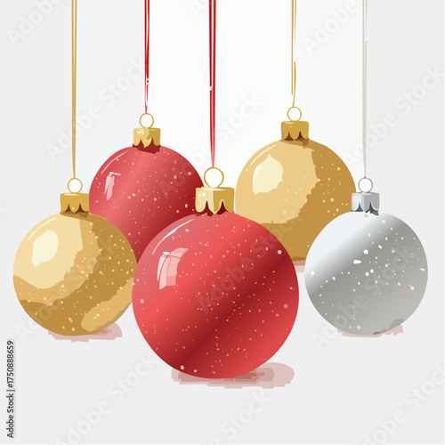 Rote, goldene und silberne Christbaumkugeln in sanften Aquarellverläufen auf hellem Hintergrund