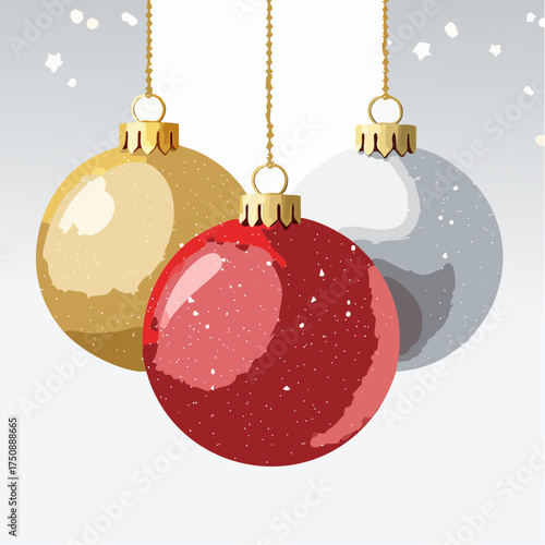 Rote, goldene und silberne Christbaumkugeln in sanften Aquarellverläufen auf hellem Hintergrund