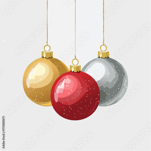 Rote, goldene und silberne Christbaumkugeln in sanften Aquarellverläufen auf hellem Hintergrund