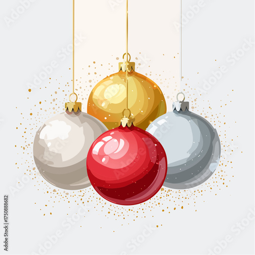 Rote, goldene und silberne Christbaumkugeln in sanften Aquarellverläufen auf hellem Hintergrund