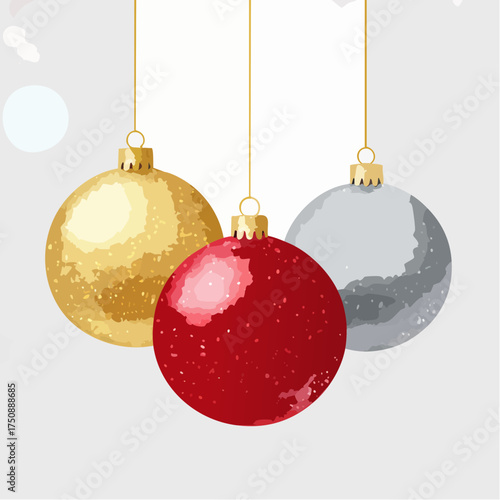 Rote, goldene und silberne Christbaumkugeln in sanften Aquarellverläufen auf hellem Hintergrund