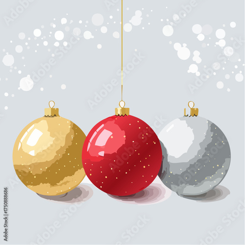 Rote, goldene und silberne Christbaumkugeln in sanften Aquarellverläufen auf hellem Hintergrund