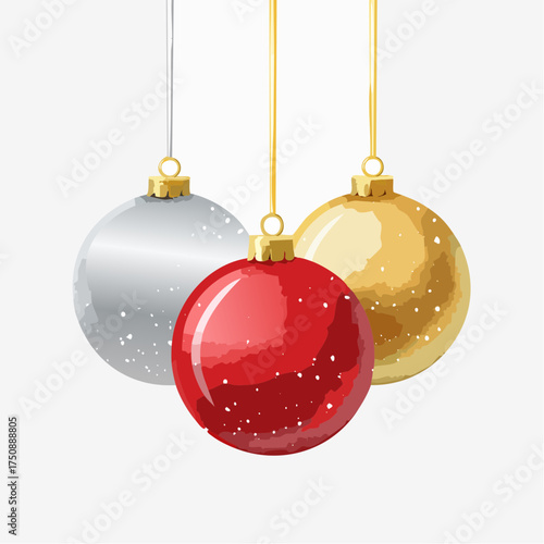 Rote, goldene und silberne Christbaumkugeln in sanften Aquarellverläufen auf hellem Hintergrund