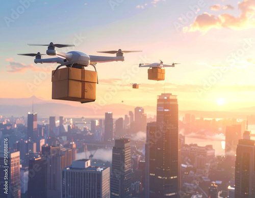 A fleet of autonomous delivery drones carries parcels over a modern city skyline at sunset, illustrating the future of automated shipping and sustainable logistics