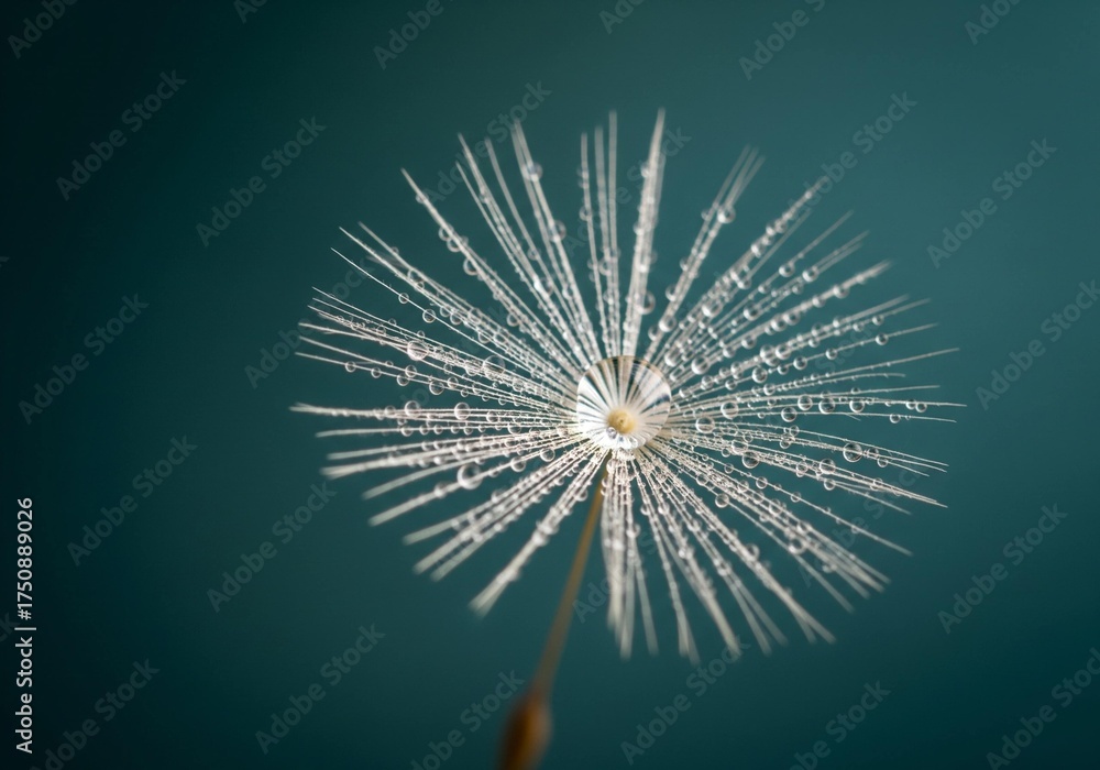 Fototapeta premium Dandelion seed head covered in tiny water droplets against a teal background