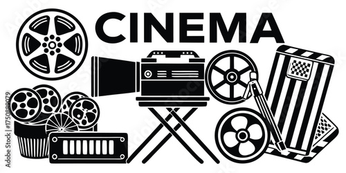 Cinema and film production vector graphics collection includes movie reels camera and text illustration scalable eps format vector