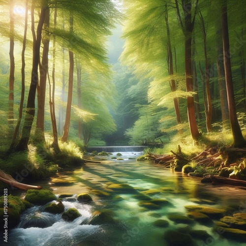 Serene stream flowing through lush green forest