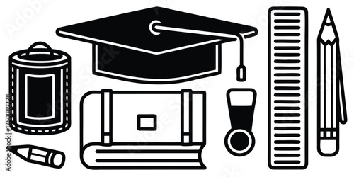 Collection of black and white education tools including a graduation cap book ruler pencil and pencil sharpener vector illustration vector
