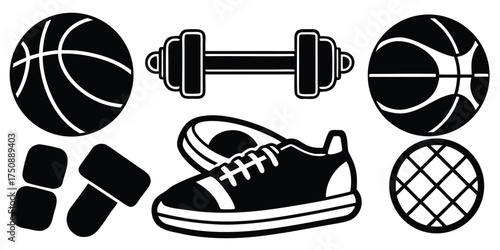 Vector icon pack sports fitness equipment basketball dumbbell running shoes weightlifting gear graphic design vector